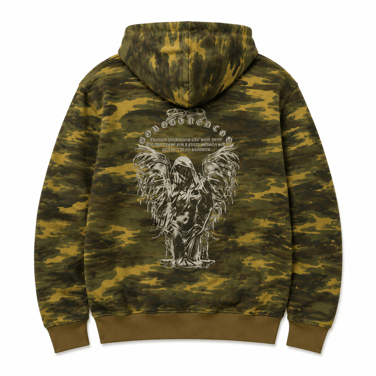 Camouflage hoodie with graphic design on the back on a white background