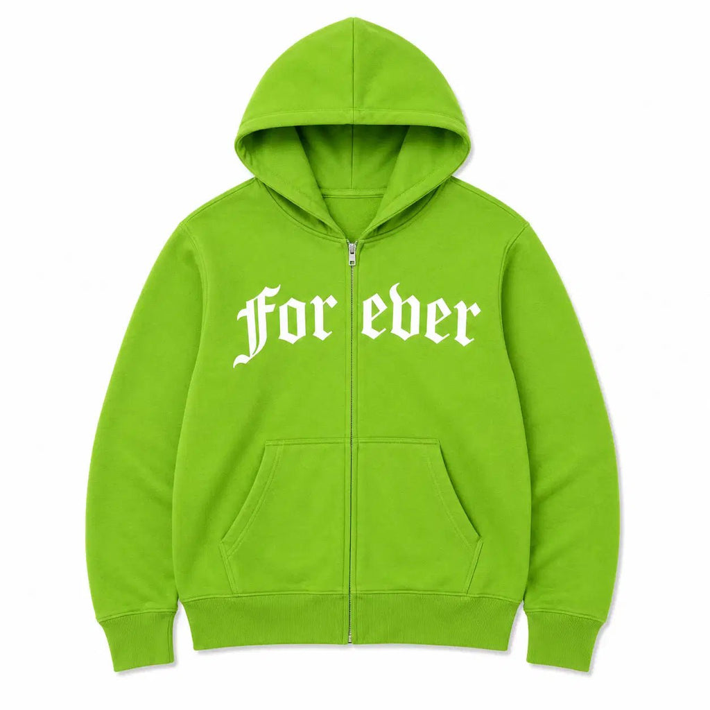 Green hoodie with 'For ever' text on a white background