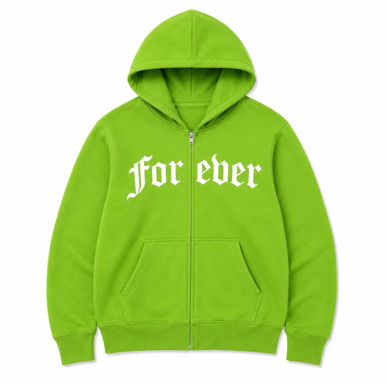 Green hoodie with 'For ever' text on a white background
