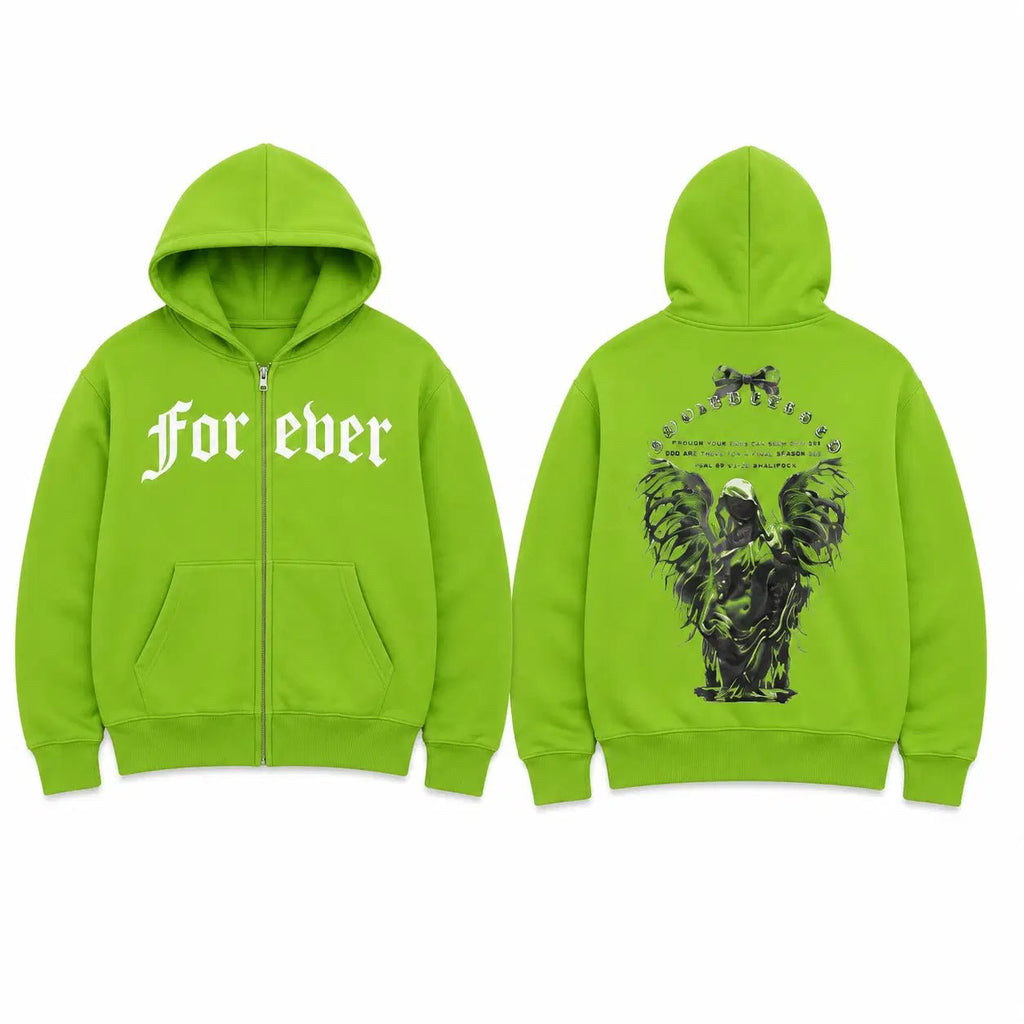 Green hoodie with 'For ever' text on front and angel graphic on back