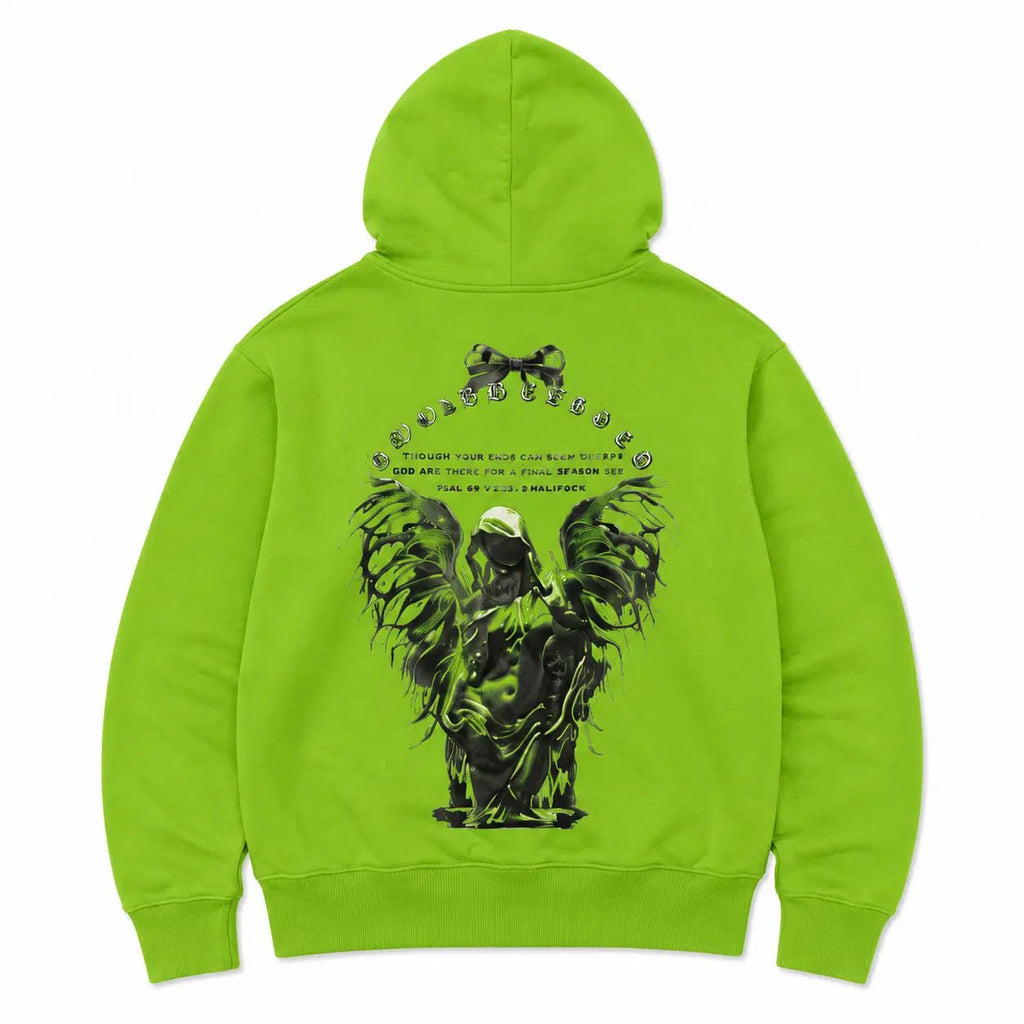 Green hoodie with black graphic design on the back against a white background