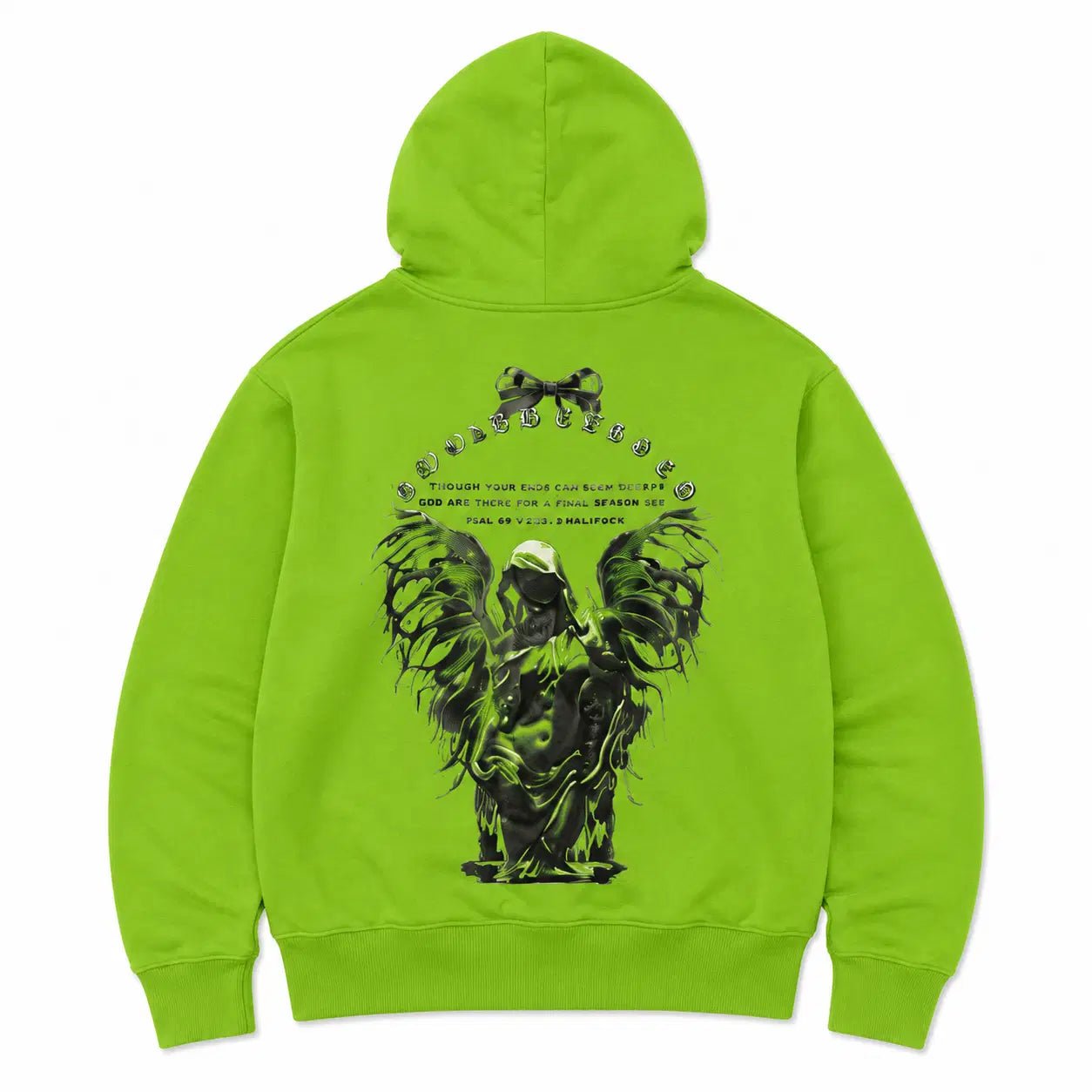 Green hoodie with black graphic design on the back against a white background