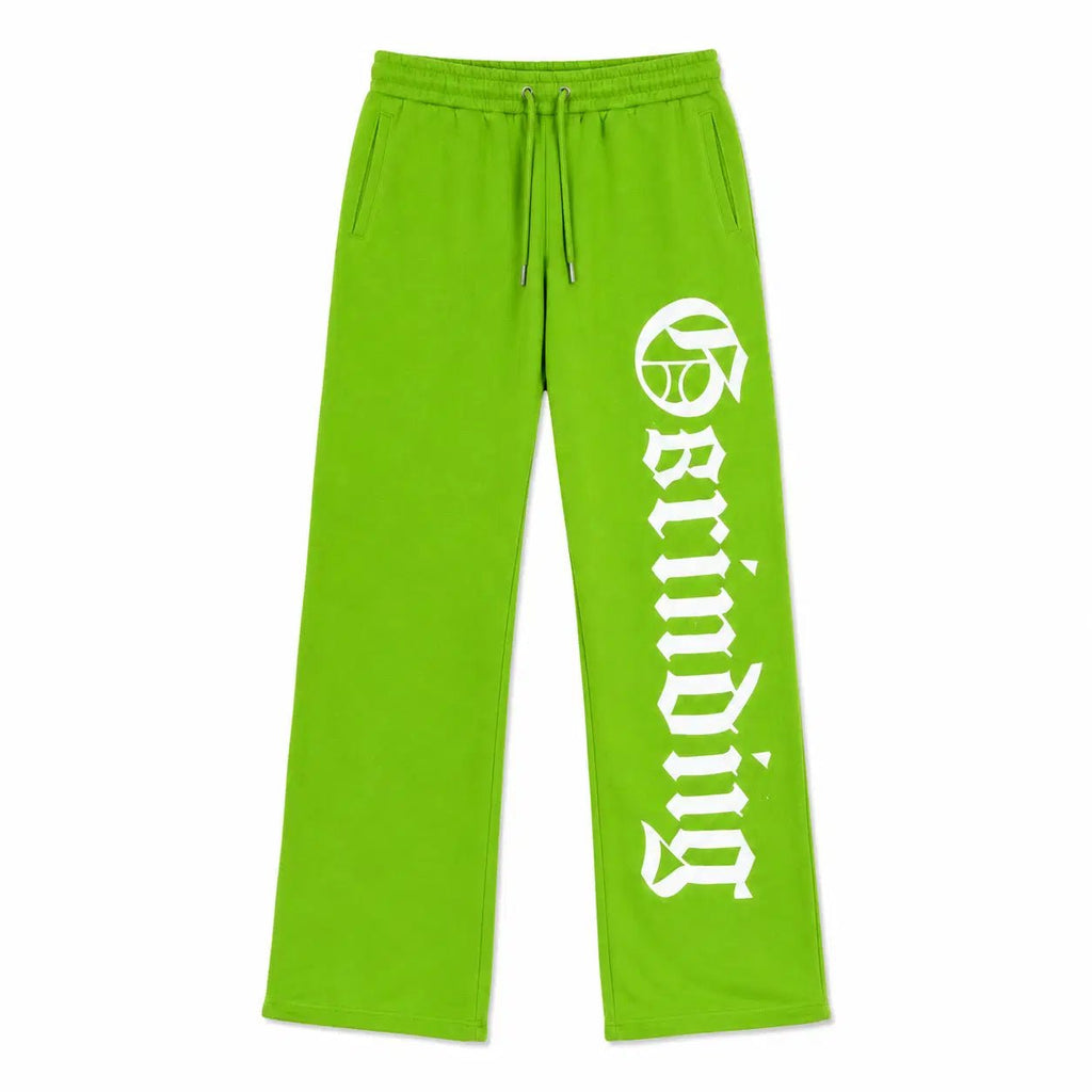 Green sweatpants with a white logo and text on a white background