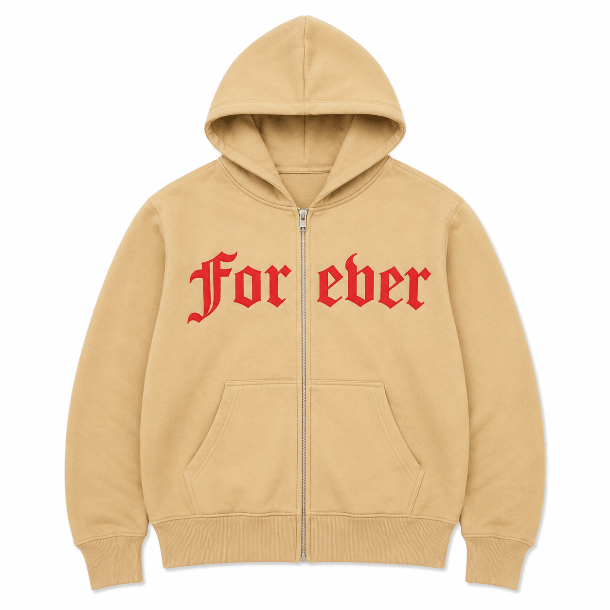 Beige hoodie with 'For ever' text in red on a white background