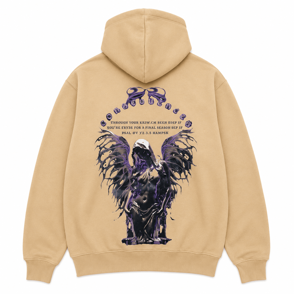 Beige hoodie with a graphic design on the back featuring an angel and text.
