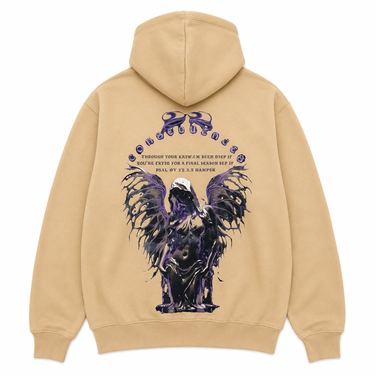 Beige hoodie with a graphic design on the back featuring an angel and text.