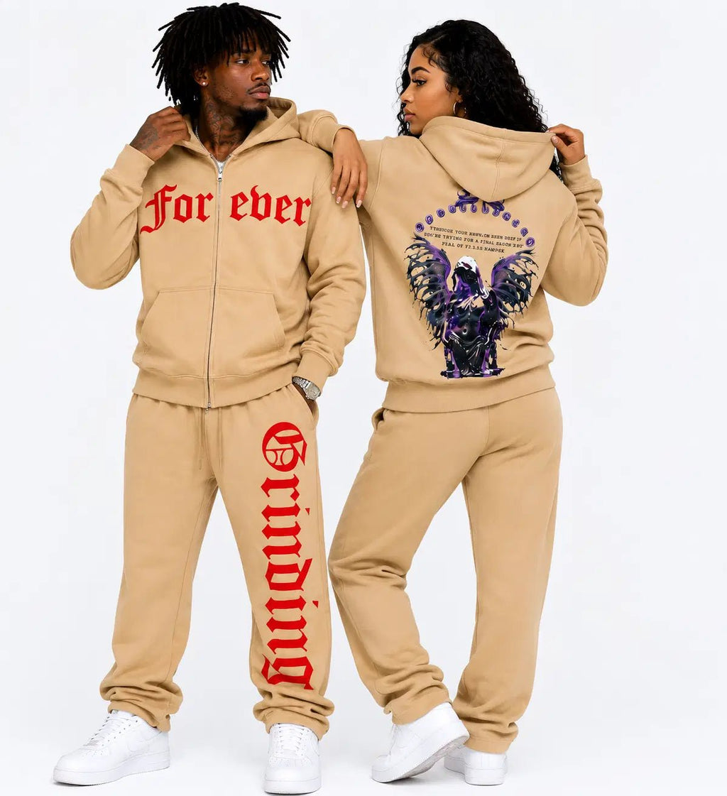 Two people wearing beige tracksuits with text and graphics on a white background