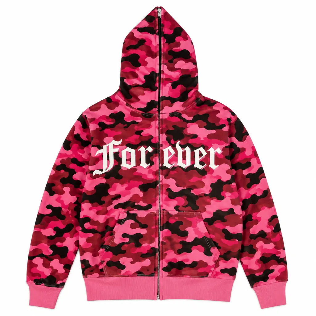Pink camouflage hoodie with 'Forever' text on a white background