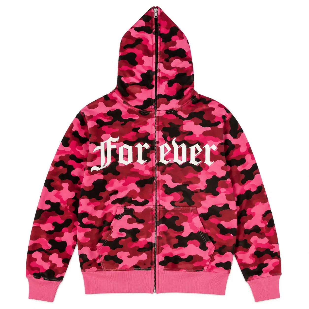 Pink camouflage hoodie with 'Forever' text on a white background