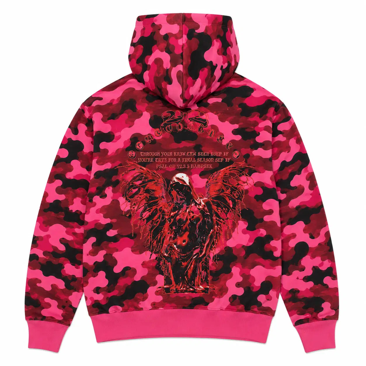 Pink and black camouflage hoodie with an eagle design on a white background