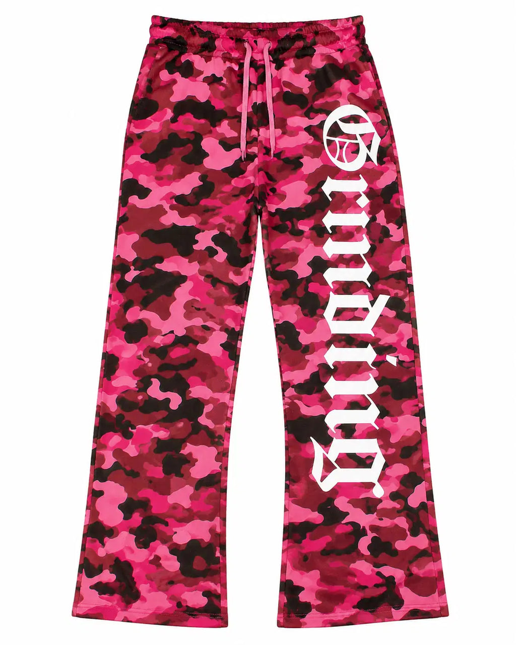 Pink camouflage pants with a logo on a white background