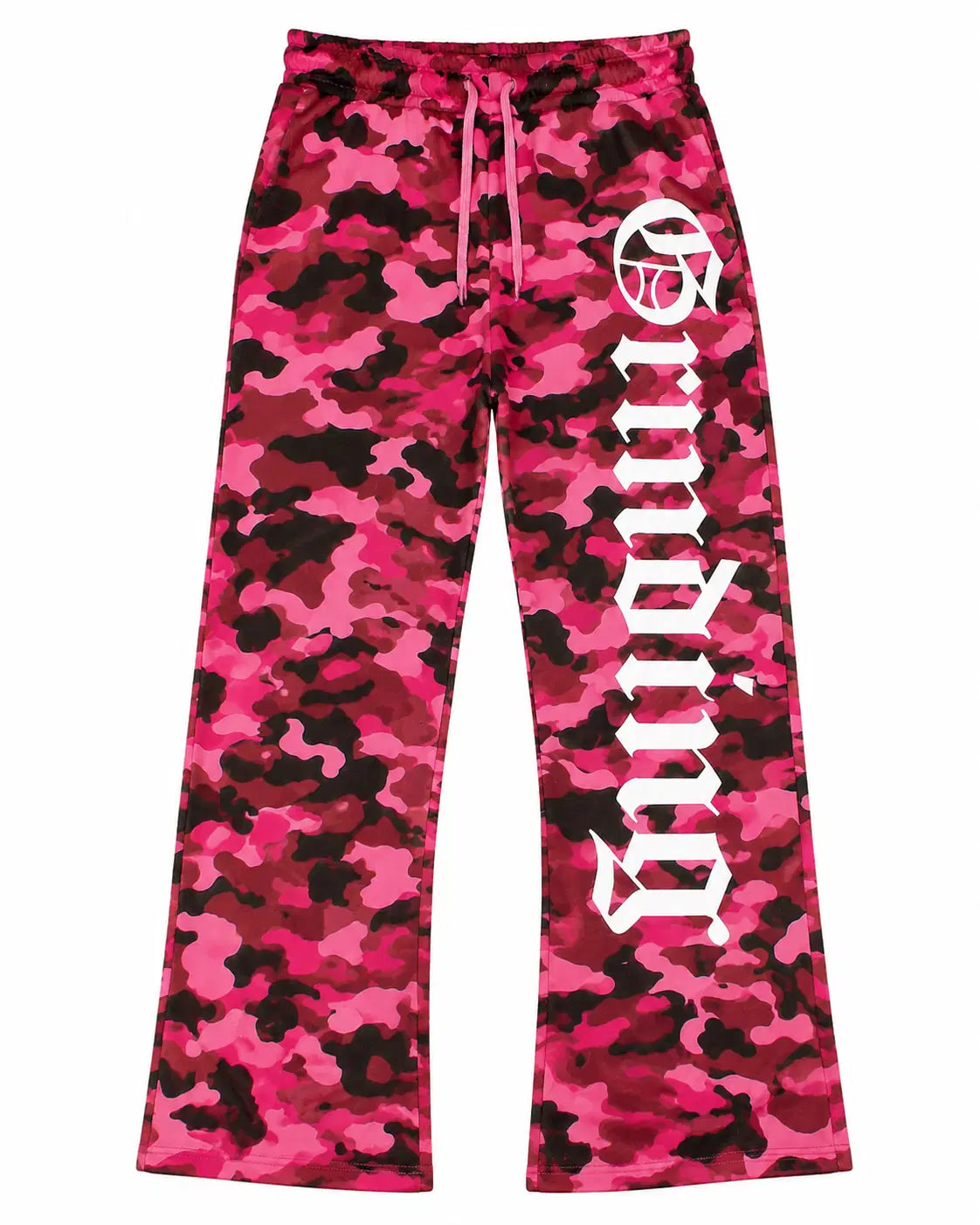 Pink camouflage pants with a logo on a white background