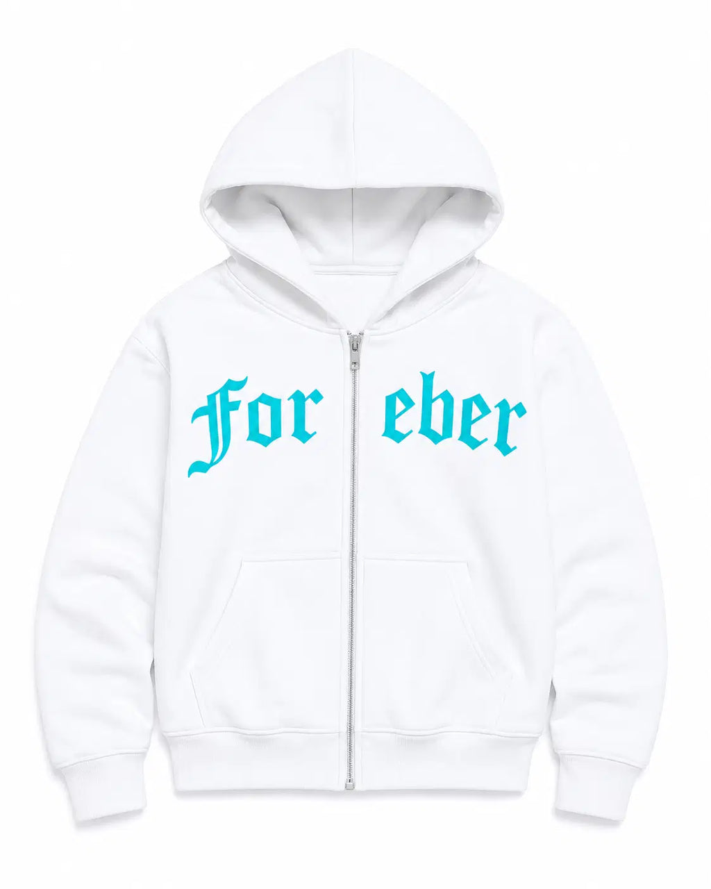White hoodie with turquoise text 'for eber' on a white background