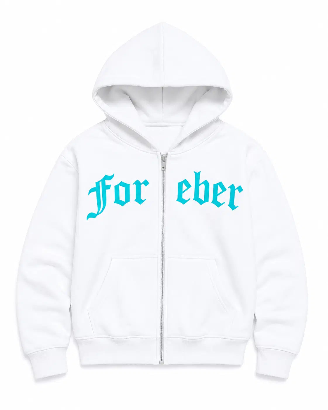 White hoodie with turquoise text 'for eber' on a white background