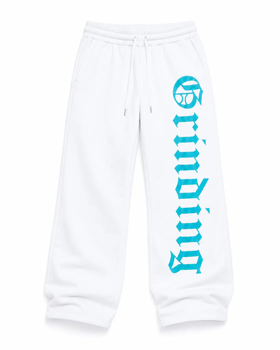 White sweatpants with blue text on a white background