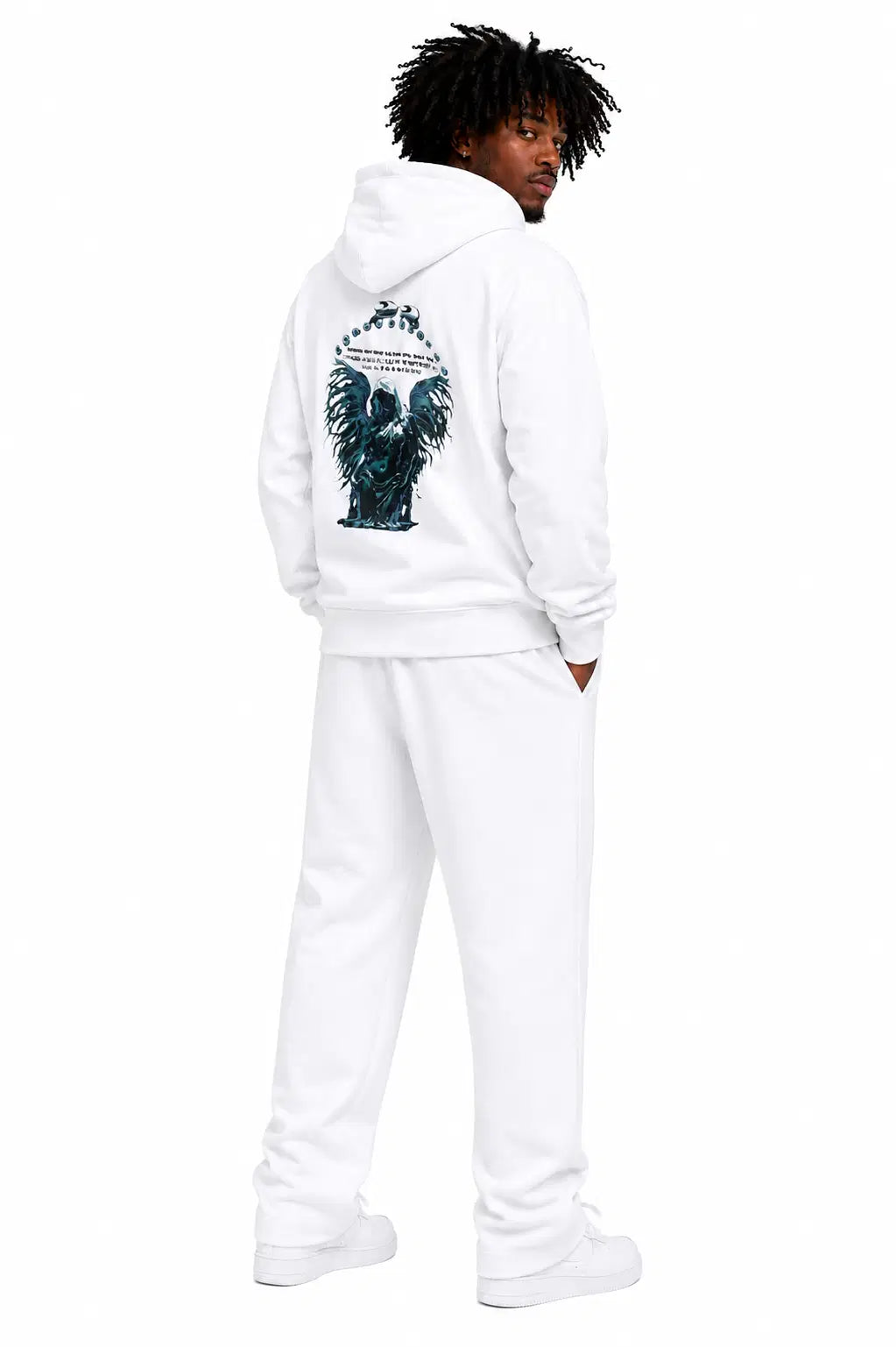 Person wearing a white hoodie with a graphic design on the back against a white background