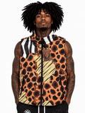 Person wearing a sleeveless jacket with a leopard print pattern on a white background