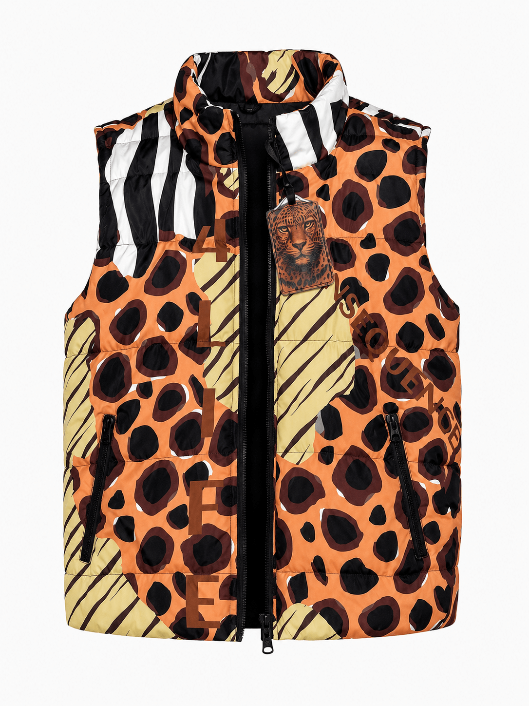 Leopard print vest with a brand logo on a white background