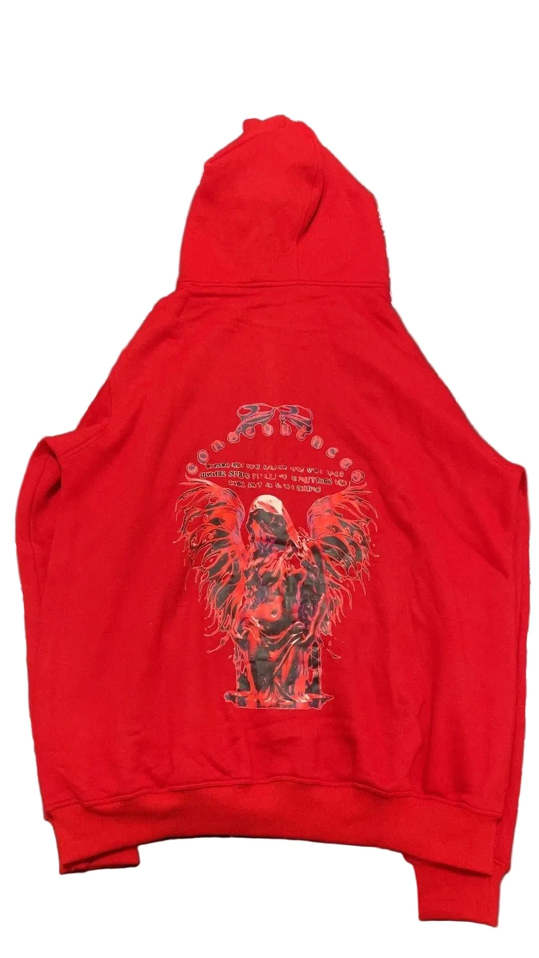 Red hoodie with a graphic design on the back against a white background