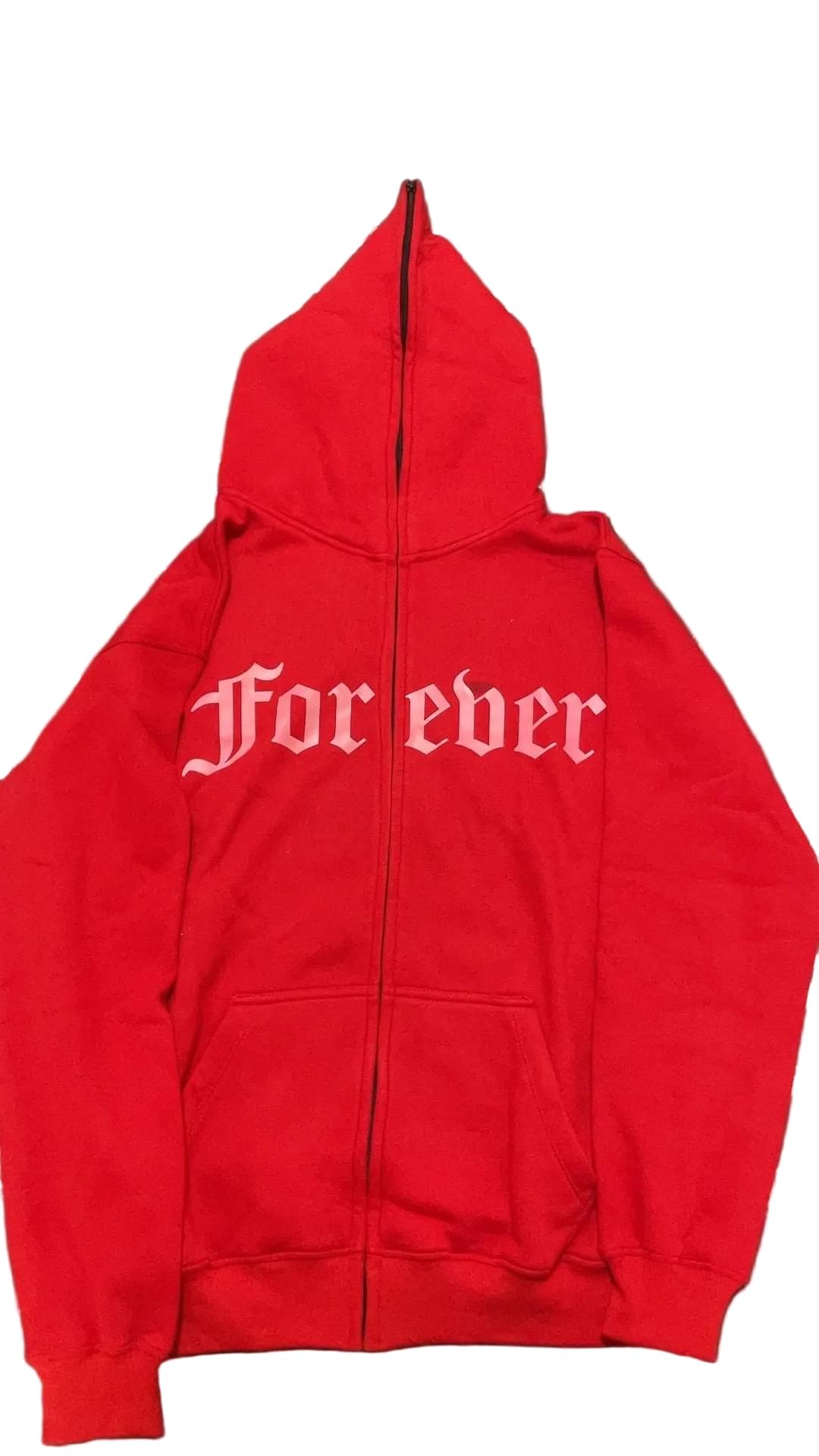 Red hoodie with 'Forever' text on a white background