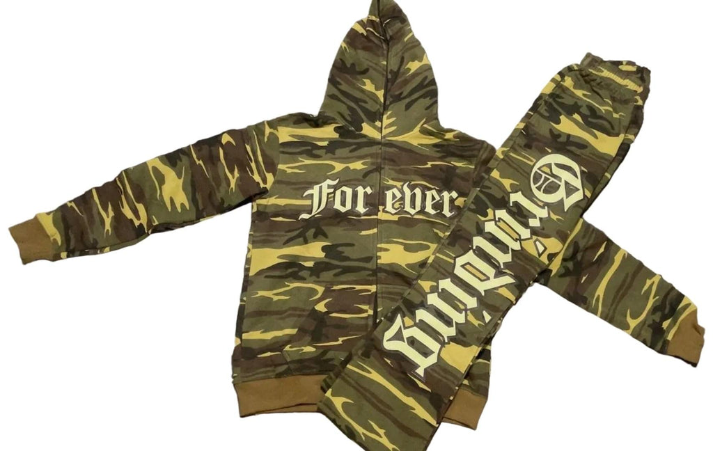 Camouflage hoodie with 'Forever' text on a white background
