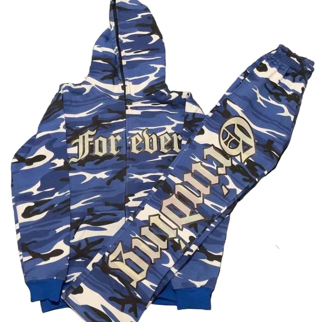 Blue camouflage hoodie and pants with 'Forever' text on a white background
