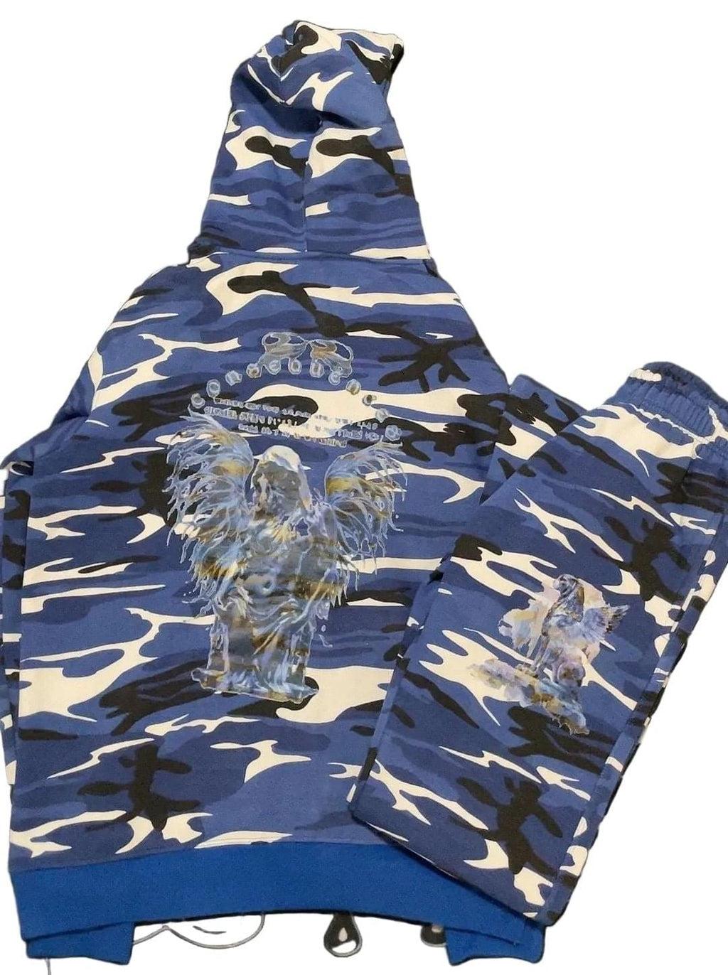Blue camouflage hoodie and pants with lion head designs on a white background