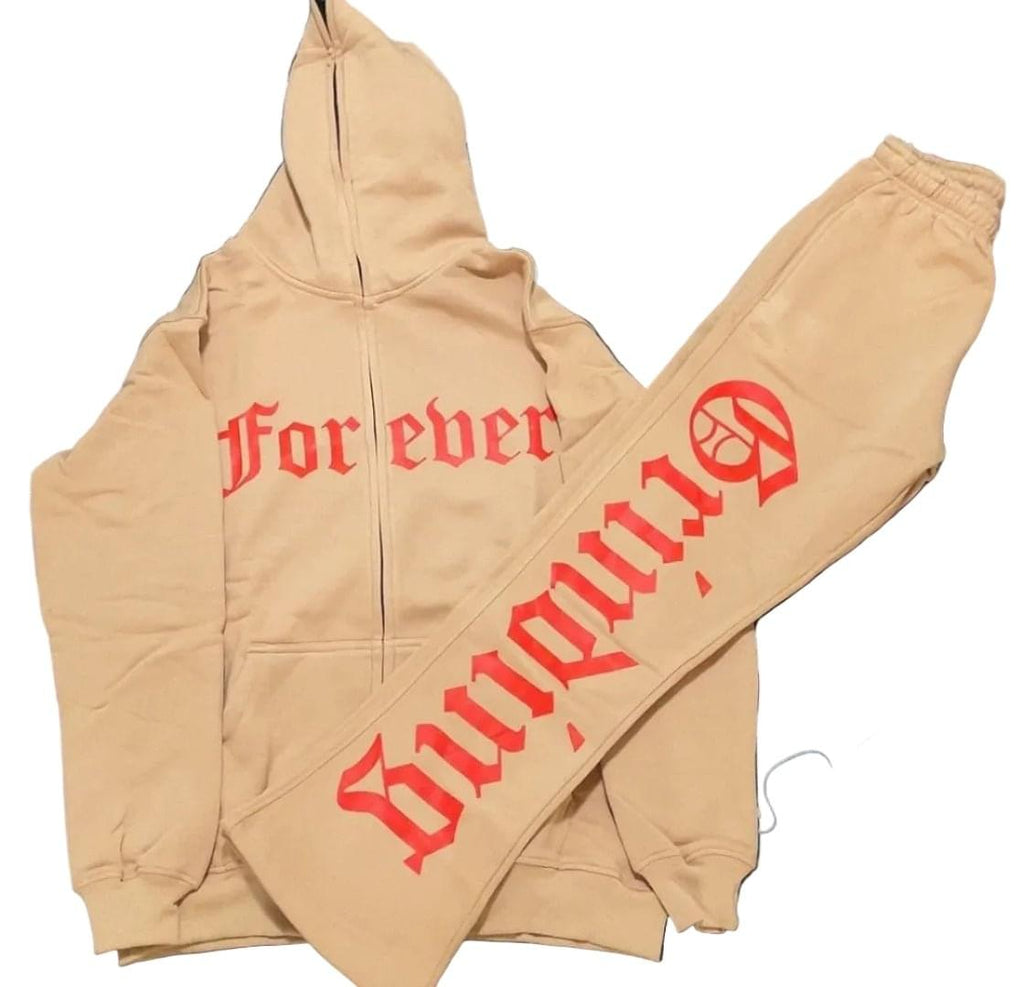 Beige hoodie and pants with red text on a white background