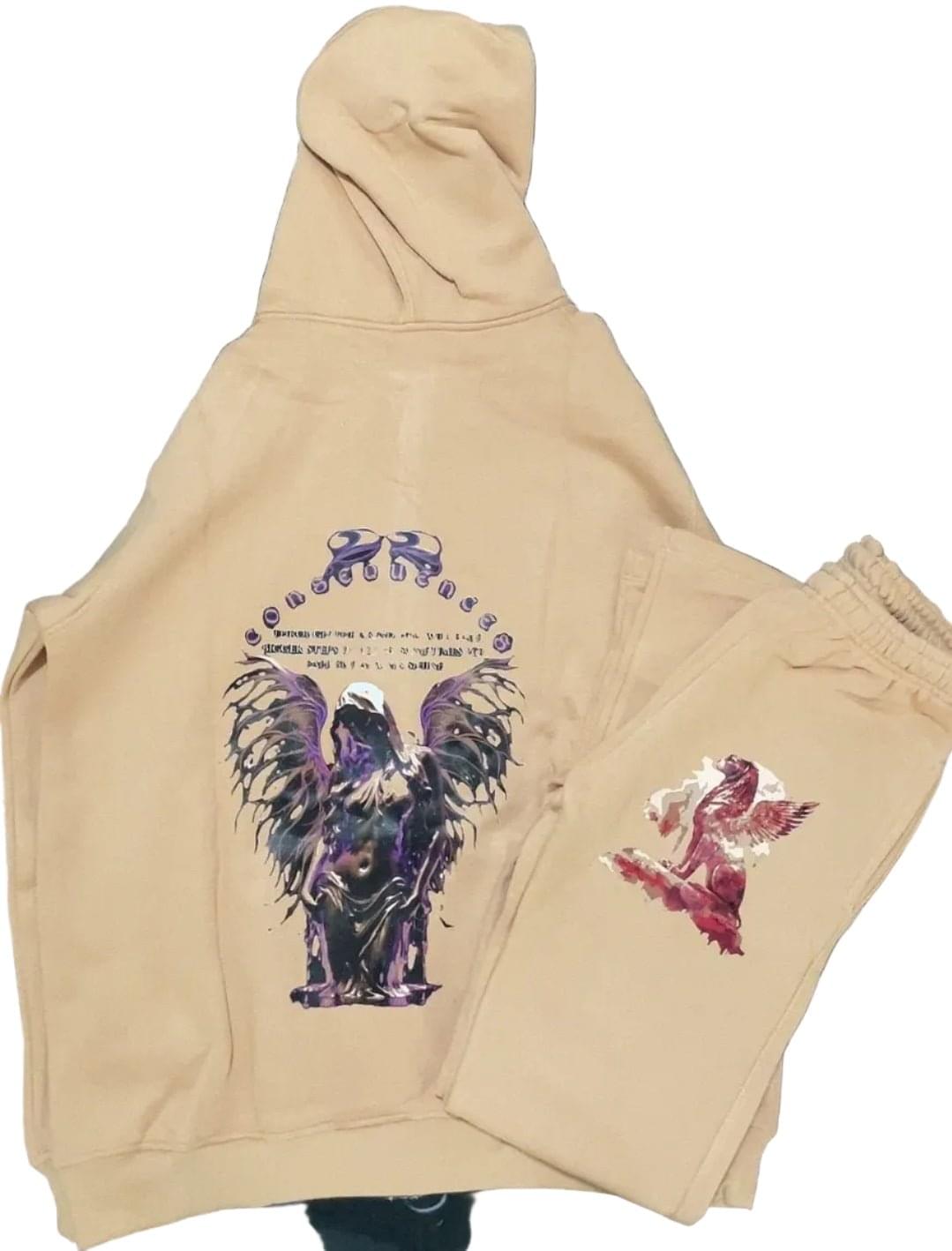 Beige hoodie and pants with graphic designs on a white background