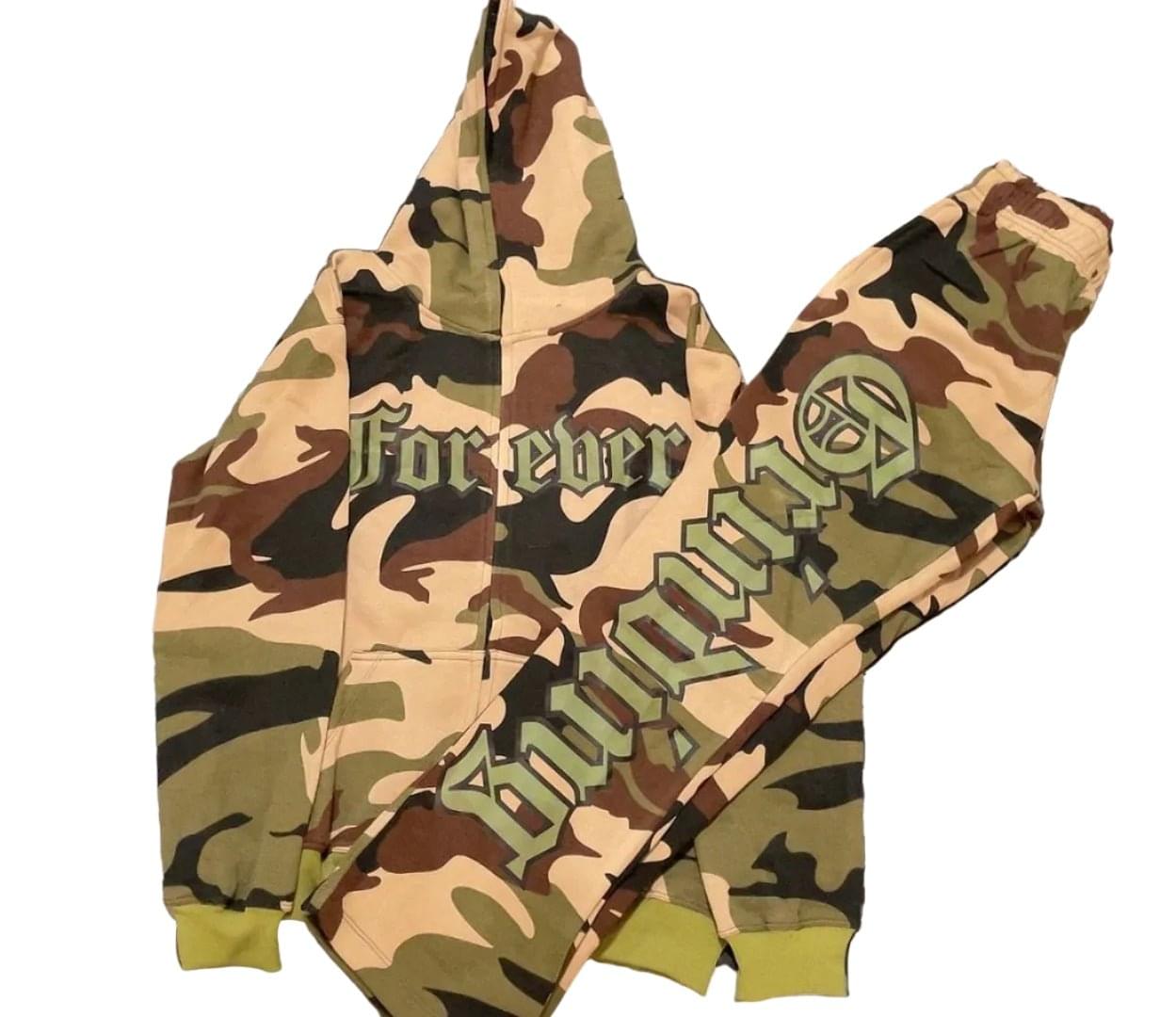 Camouflage hoodie with text on a white background