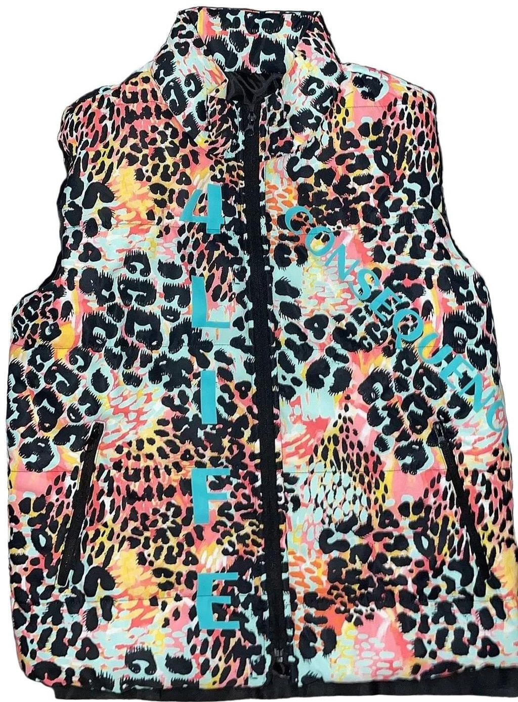Colorful leopard print puffer vest with '4 Life' text on a white background