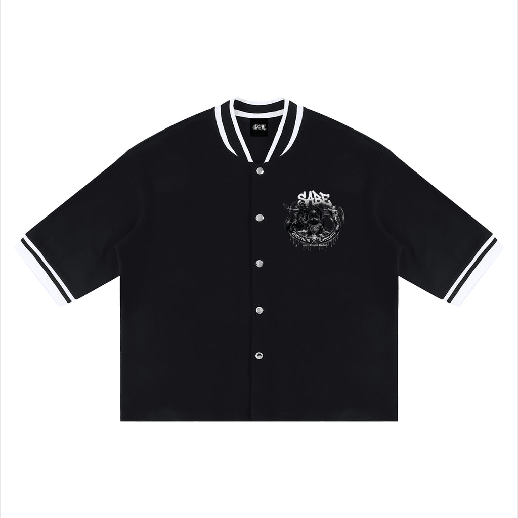 Black varsity jacket with white accents on a white background