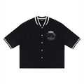 Black varsity jacket with white accents on a white background