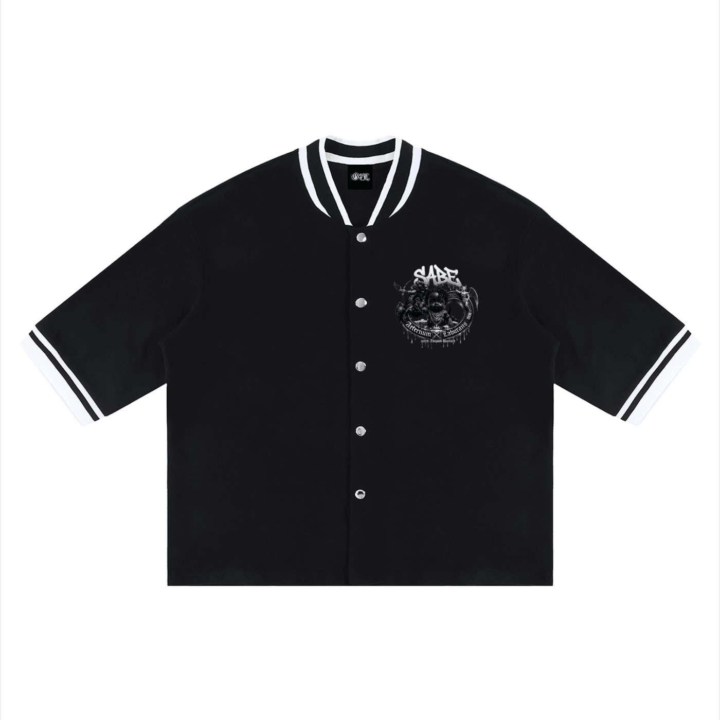 Black varsity jacket with white accents on a white background