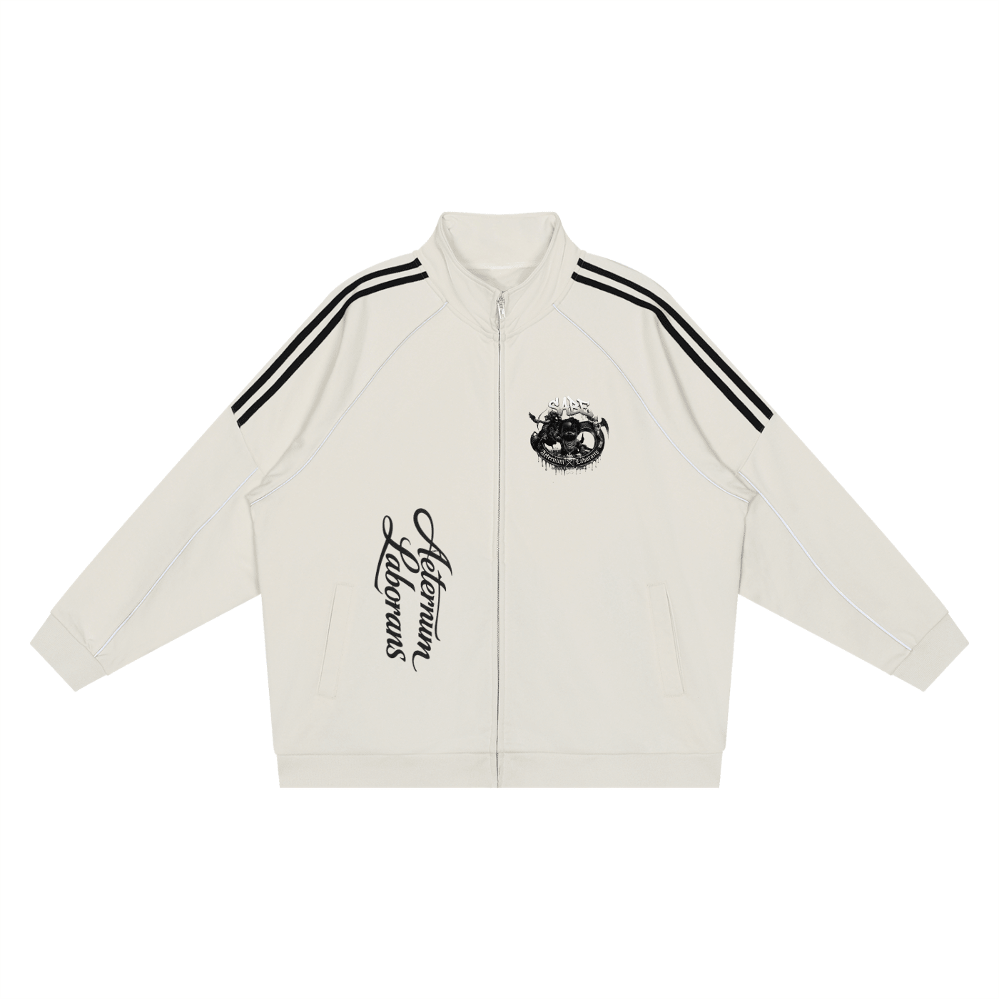 An off-white zip-up track jacket with black double stripes on the shoulders, a black graphic on the left chest, and vertical black script text on the right chest, displayed flat against a white background.