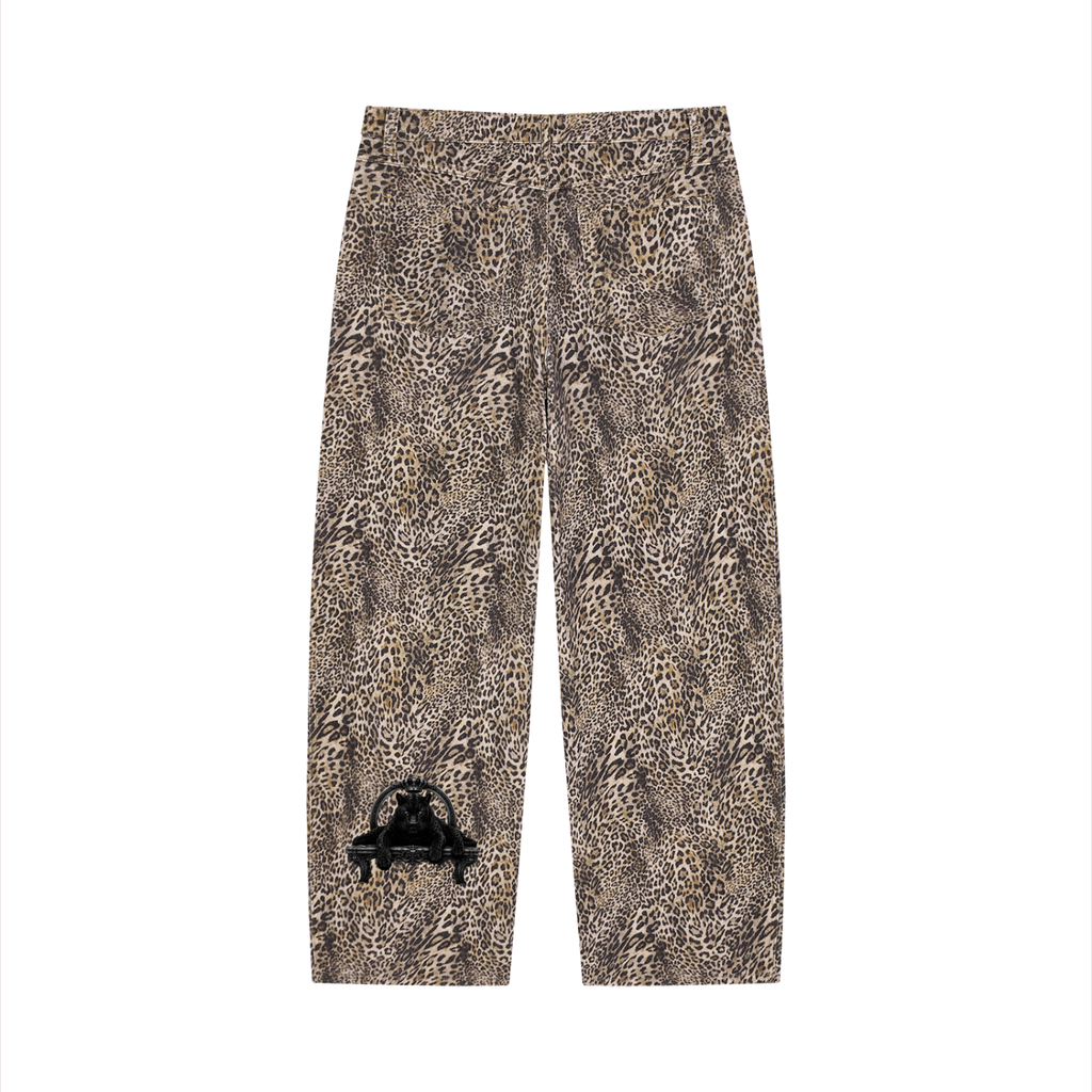 Leopard print pants with a black logo on a white background