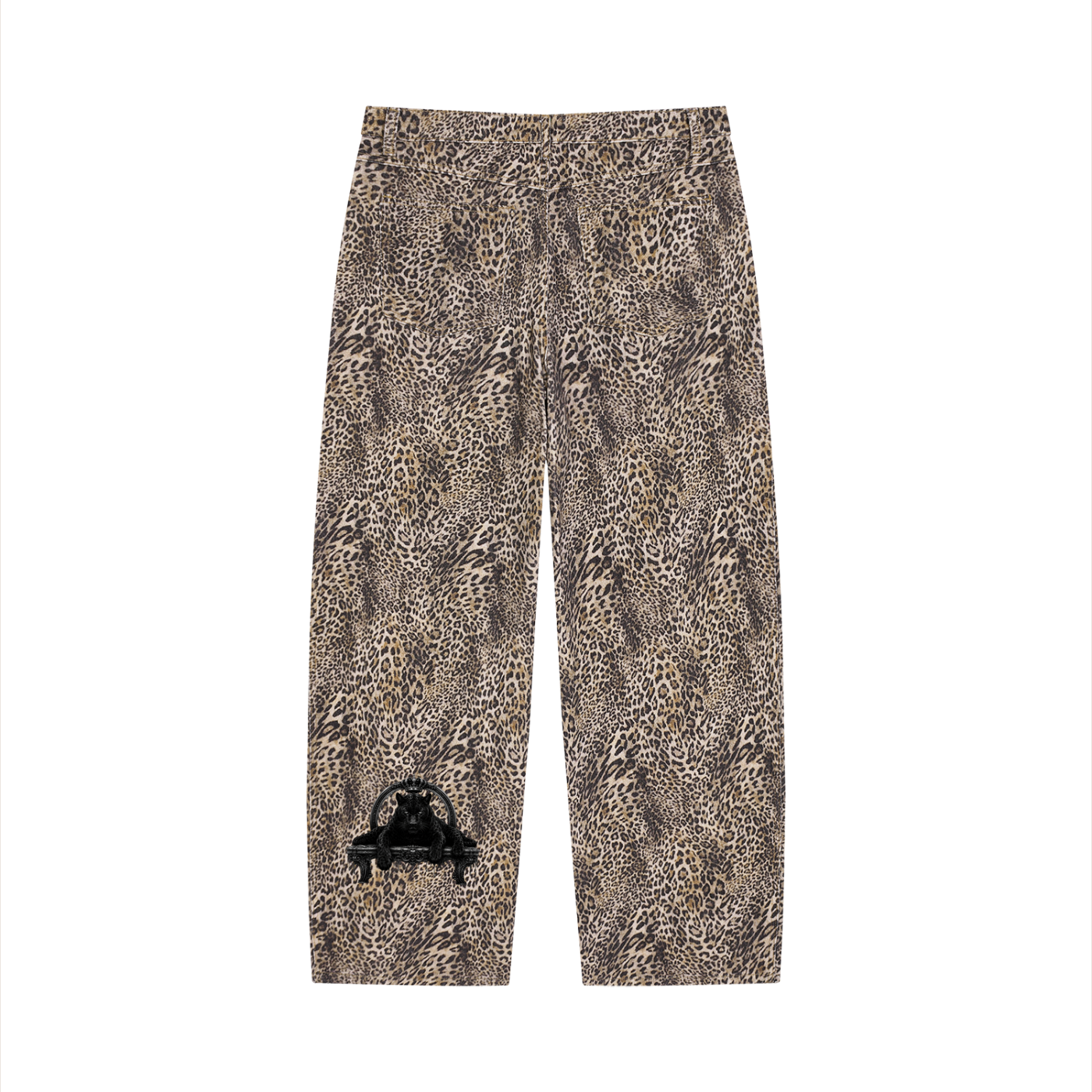 Leopard print pants with a black logo on a white background
