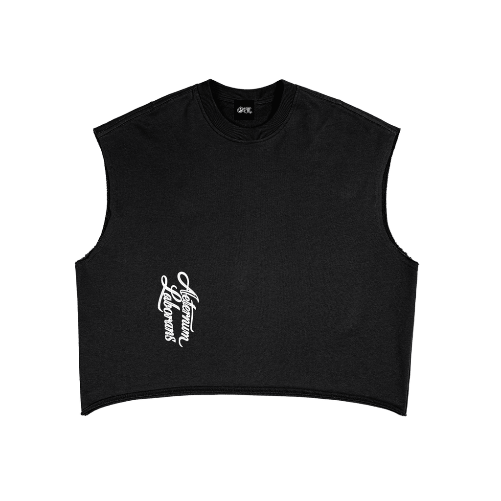 A black sleeveless crop top t-shirt with a white stylized script logo on the left chest, displayed flat against a solid white background.