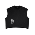 A black sleeveless crop top t-shirt with a white stylized script logo on the left chest, displayed flat against a solid white background.