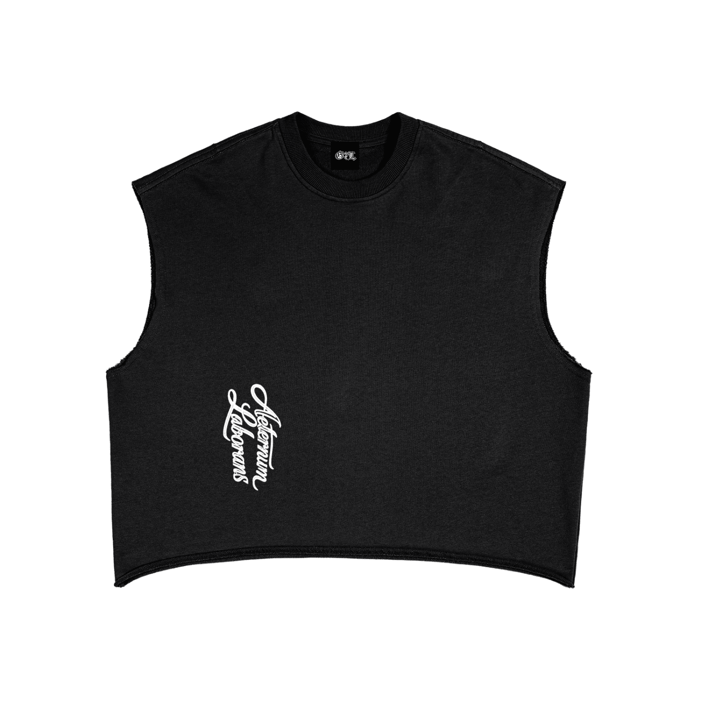 A black sleeveless crop top t-shirt with a white stylized script logo on the left chest, displayed flat against a solid white background.