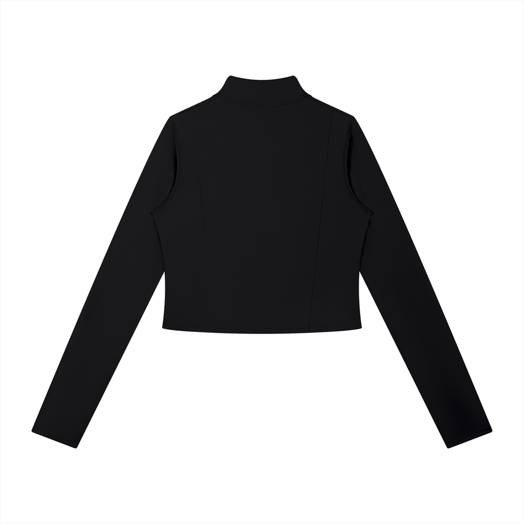 Black long-sleeve top with a small white logo on a white background