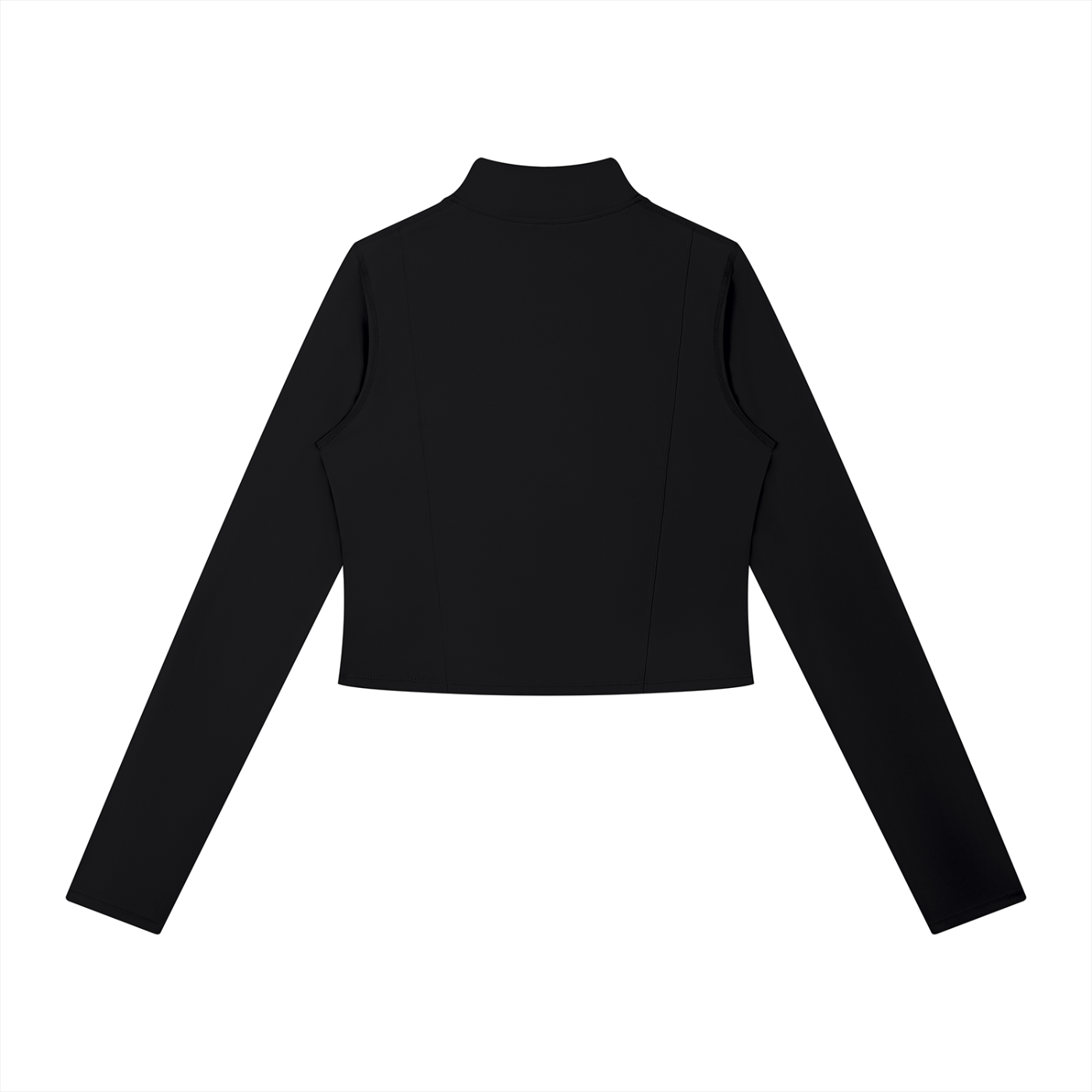 Black long-sleeve top with a small white logo on a white background