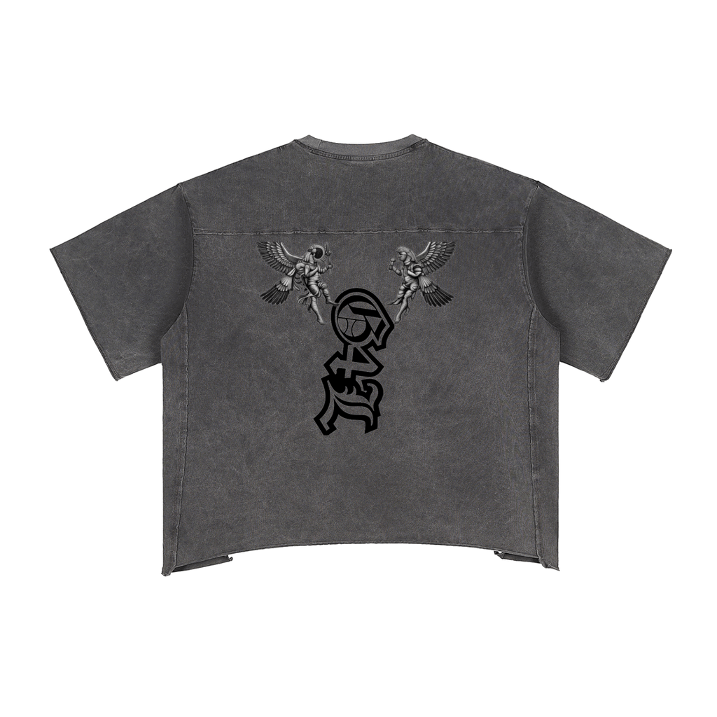 Back view of a dark gray t-shirt on a white background