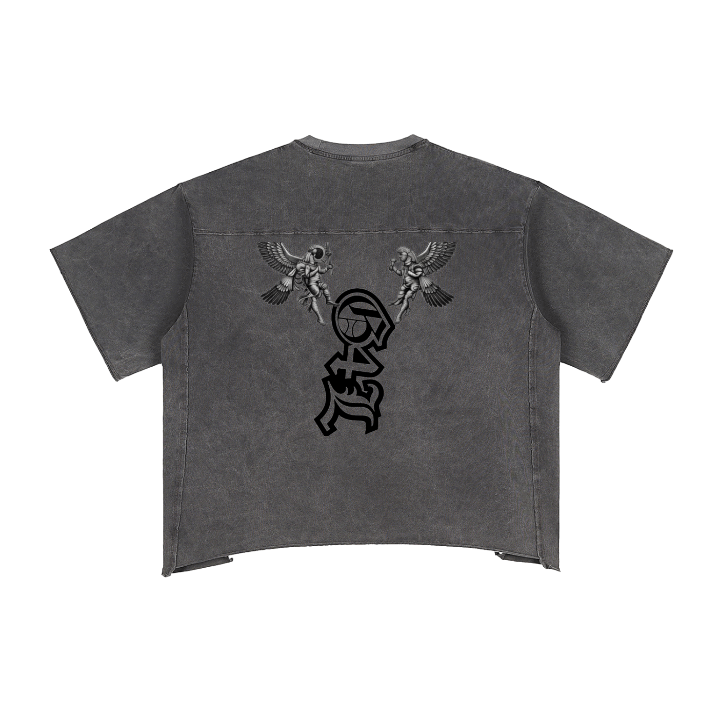 Back view of a dark gray t-shirt on a white background
