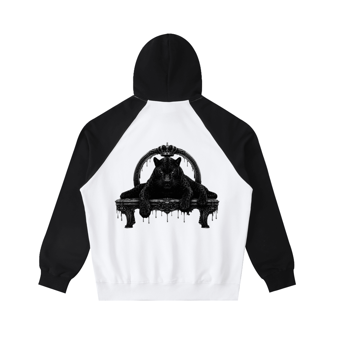 Black and white hoodie with a bear graphic on the back