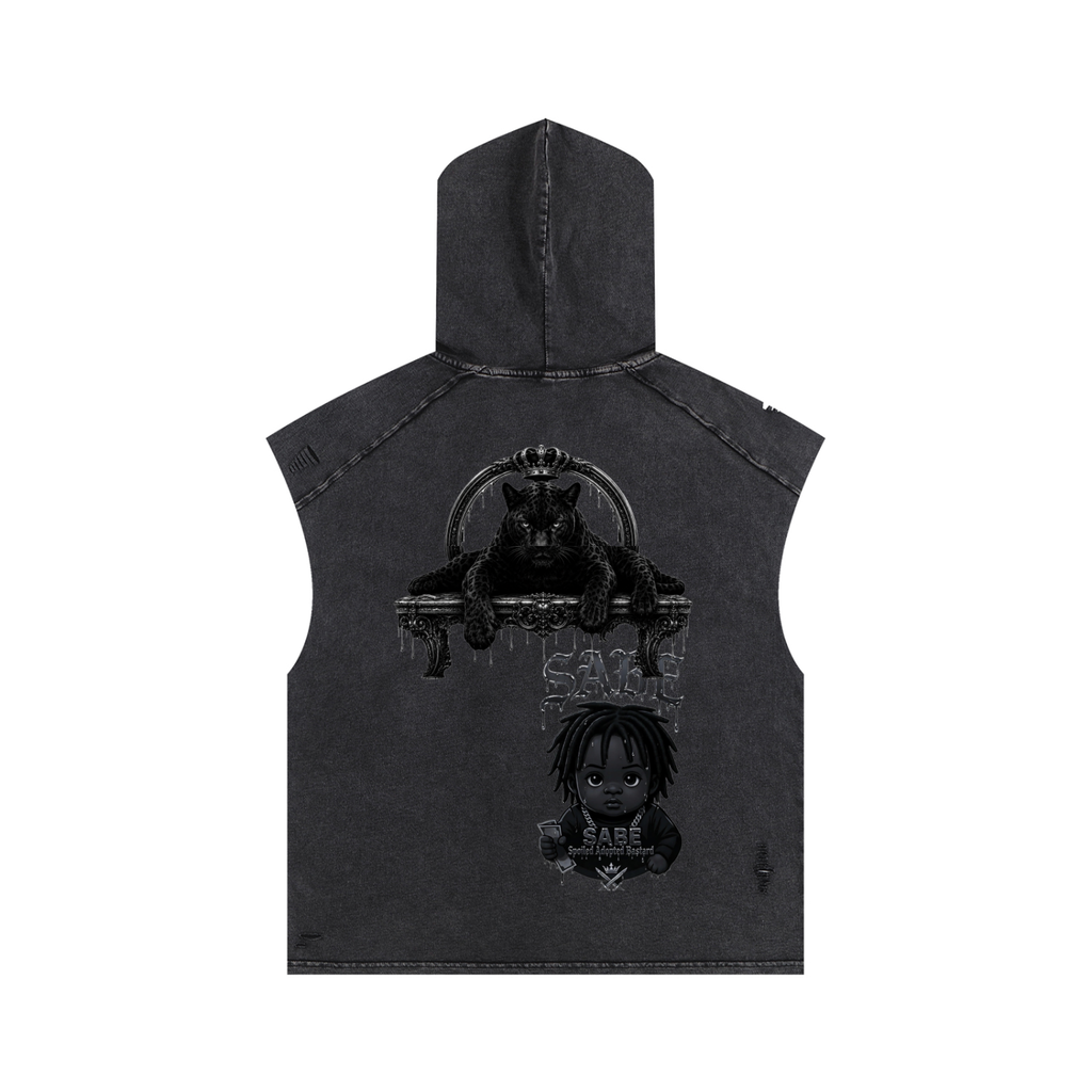 Black sleeveless hoodie with graphic designs on a white background