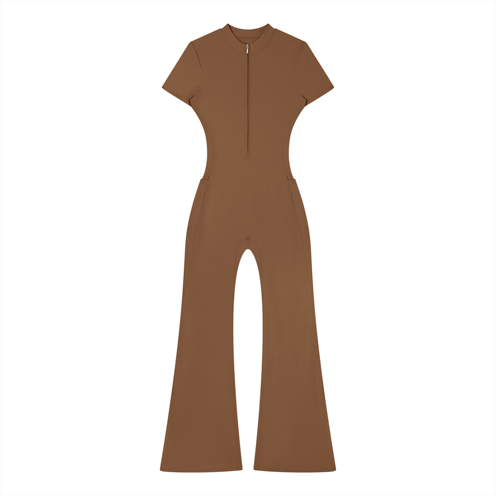 Brown Tight Flared Leg Quarter-Zip Jumpsuit