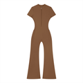 Brown Tight Flared Leg Quarter-Zip Jumpsuit
