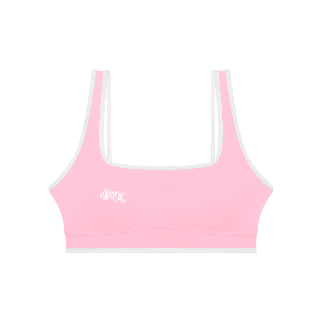 Pink sports bra with a brand logo on a white background