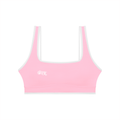Pink sports bra with a brand logo on a white background